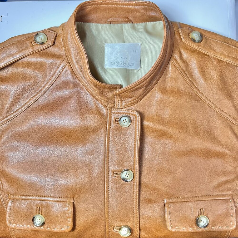 MARINA RINALDI Camel Brown Nappa Leather Button Up Coat with Hand Stitching US20